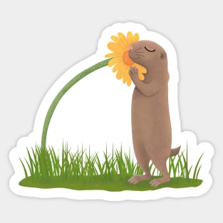 Cute prairie dog sniffing flower cartoon illustration Sticker